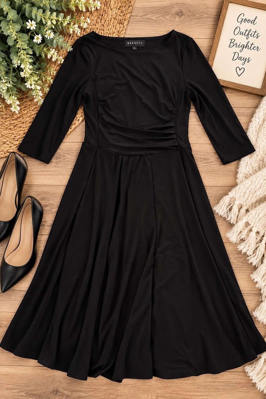 Rekucci Women’s Size 6 Black Ruched Waist 3/4 Sleeve Fit & Flare Midi Dress